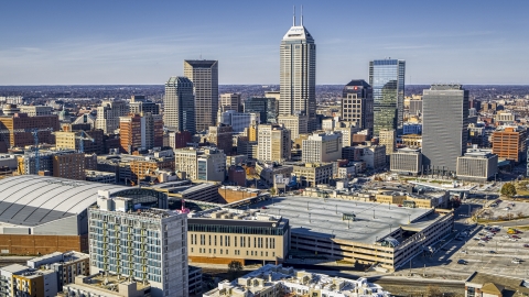 A view of the skyscrapers in the city's skyline in Downtown Indianapolis, Indiana Aerial Stock Photos | DXP001_090_0001