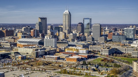 DXP001_090_0009 - Aerial stock photo of A wide view of tall skyscrapers in the city's skyline in Downtown Indianapolis, Indiana