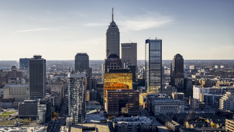 Towering skyscrapers and city buildings in the city's skyline in Downtown Indianapolis, Indiana Aerial Stock Photos | DXP001_090_0015