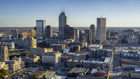 The skyline's skyscrapers in Downtown Indianapolis, Indiana Aerial Stock Photos | DXP001_091_0006