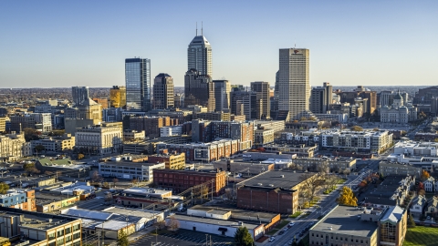 DXP001_091_0007 - Aerial stock photo of Wide view of the skyline's tall skyscrapers in Downtown Indianapolis, Indiana