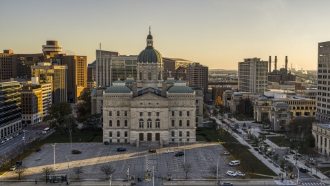 DXP001_091_0011 - Aerial stock photo of The front of the Indiana State House building in Downtown Indianapolis, Indiana