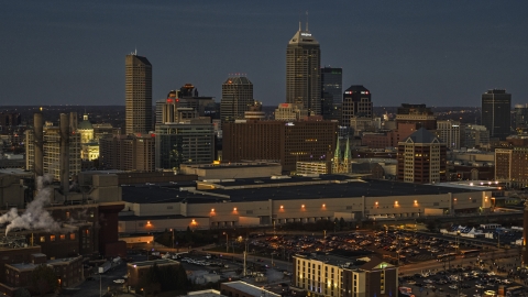 A twilight view of the city's skyline, Downtown Indianapolis, Indiana Aerial Stock Photos | DXP001_093_0002