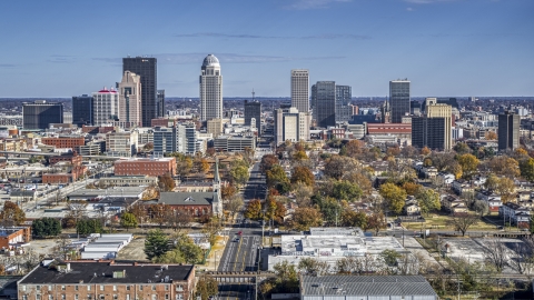 DXP001_094_0004 - Aerial stock photo of A wide view of the city's skyline, Downtown Louisville, Kentucky