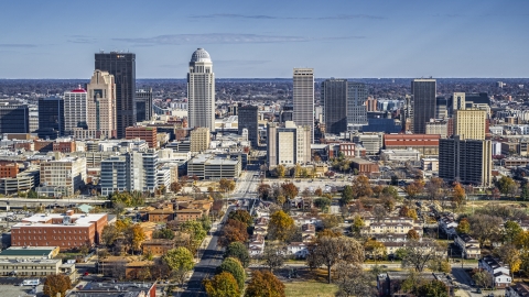 DXP001_094_0005 - Aerial stock photo of Skyscrapers in the city's skyline, Downtown Louisville, Kentucky