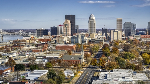 DXP001_094_0009 - Aerial stock photo of Skyscrapers in the city's skyline near the river in Downtown Louisville, Kentucky