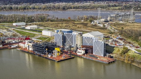 DXP001_094_0011 - Aerial stock photo of Piers on the Ohio River in Louisville, Kentucky