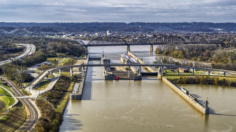 A dam and locks on the Ohio River in Louisville, Kentucky Aerial Stock Photos | DXP001_094_0014