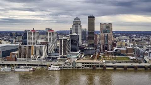 Hotel and the skyline from the Ohio River in Downtown Louisville, Kentucky Aerial Stock Photos | DXP001_095_0012