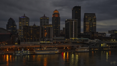 The city skyline of Downtown Louisville, Kentucky at nighttime Aerial Stock Photos | DXP001_096_0010