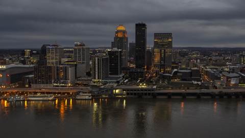 Skyscrapers and city buildings at night in Downtown Louisville, Kentucky Aerial Stock Photos | DXP001_096_0012