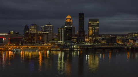 The Ohio River with a view of the city skyline at twilight, Downtown Louisville, Kentucky Aerial Stock Photos | DXP001_096_0019