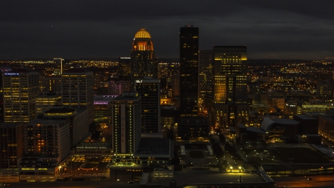 DXP001_096_0020 - Aerial stock photo of A view of skyscrapers in the city skyline at twilight, Downtown Louisville, Kentucky