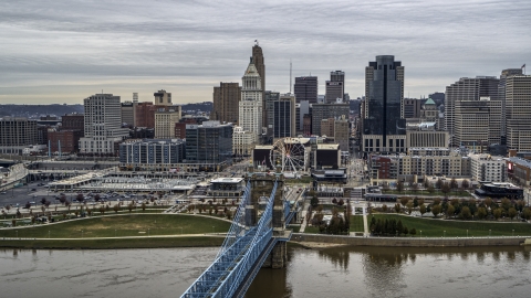 DXP001_097_0004 - Aerial stock photo of The city skyline, and bridge over the Ohio River, Downtown Cincinnati, Ohio