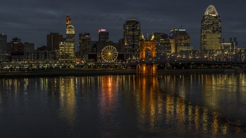 DXP001_098_0015 - Aerial stock photo of The city's skyline across the Ohio River at twilight, Downtown Cincinnati, Ohio