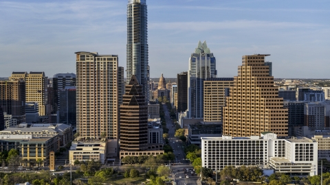 DXP002_000_0001 - Aerial stock photo of Downtown skyscrapers and the state capitol in Downtown Austin, Texas