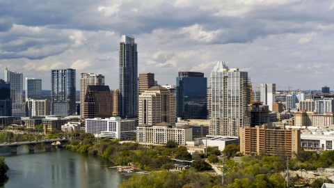 DXP002_103_0003 - Aerial stock photo of A view of skyscrapers and high-rise buildings in Downtown Austin, Texas