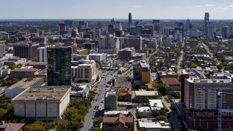 DXP002_107_0008 - Aerial stock photo of The city's skyline, seen from the University of Texas, Downtown Austin, Texas