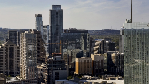 DXP002_108_0007 - Aerial stock photo of The Austonian skyscraper and high-rises in Downtown Austin, Texas