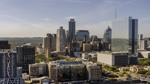 DXP002_108_0013 - Aerial stock photo of A view of tall skyscrapers and hotel high-rise in Downtown Austin, Texas