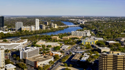 A freeway bridge spanning Lady Bird Lake, Austin, Texas Aerial Stock Photos | DXP002_109_0010