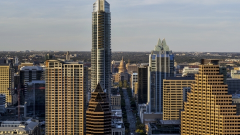 A view of skyscrapers and the Texas State Capitol in Downtown Austin, Texas Aerial Stock Photos | DXP002_109_0018