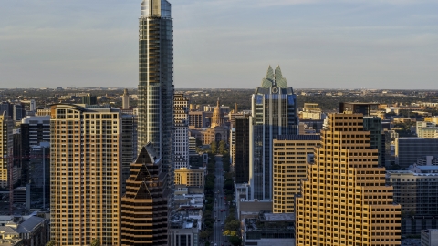 DXP002_109_0019 - Aerial stock photo of Downtown skyscrapers and the Texas State Capitol in Downtown Austin, Texas