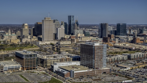 A view of city's skyline behind office and apartment buildings in Downtown Nashville, Tennessee Aerial Stock Photos | DXP002_113_0005