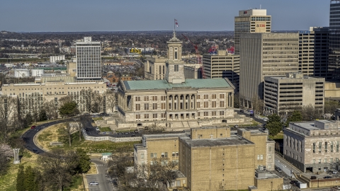 DXP002_113_0007 - Aerial stock photo of A view of the side of the Tennessee State Capitol building in Downtown Nashville, Tennessee