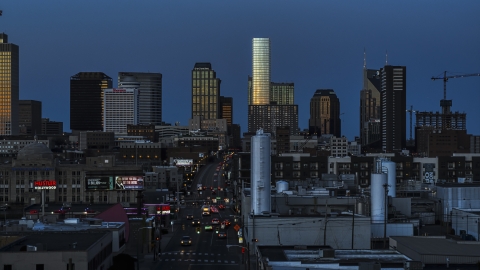 Church Street and view of city's skyline at twilight in Downtown Nashville, Tennessee Aerial Stock Photos | DXP002_115_0003