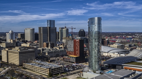 A view of the JW Marriott hotel, near skyscrapers in Downtown Nashville, Tennessee Aerial Stock Photos | DXP002_118_0008