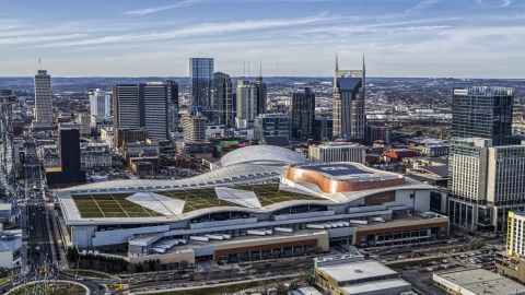 DXP002_119_0005 - Aerial stock photo of Nashville Music City Center and the city's skyline, Downtown Nashville, Tennessee