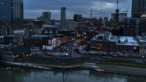 Busy Broadway at twilight, Downtown Nashville, Tennessee Aerial Stock Photos | DXP002_120_0011