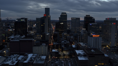 A group of tall skyscrapers at twilight, Downtown Nashville, Tennessee Aerial Stock Photos | DXP002_120_0015