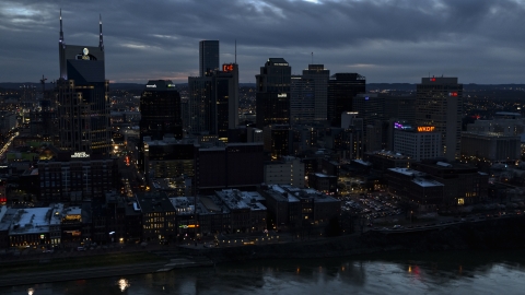 The AT&T Building and tall skyscrapers at twilight, Downtown Nashville, Tennessee Aerial Stock Photos | DXP002_120_0017