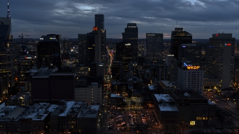 Downtown skyscrapers at twilight in Downtown Nashville, Tennessee Aerial Stock Photos | DXP002_120_0019