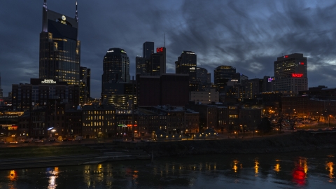 The city's skyline at twilight seen from the river, Downtown Nashville, Tennessee Aerial Stock Photos | DXP002_121_0001