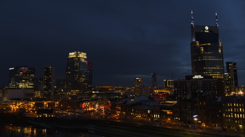 Broadway between the Pinnacle skyscraper and AT&T Building at twilight, Downtown Nashville, Tennessee Aerial Stock Photos | DXP002_121_0007