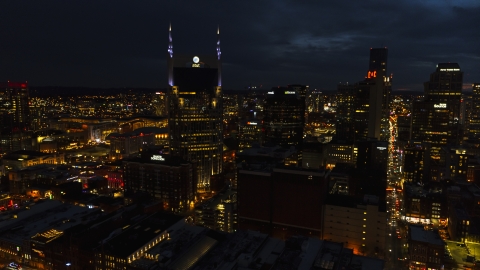 DXP002_121_0011 - Aerial stock photo of A close-up view of the AT&T Building at twilight, Downtown Nashville, Tennessee