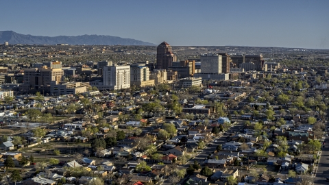 The city's high-rises seen from neighborhoods in Downtown Albuquerque, New Mexico Aerial Stock Photos | DXP002_122_0003