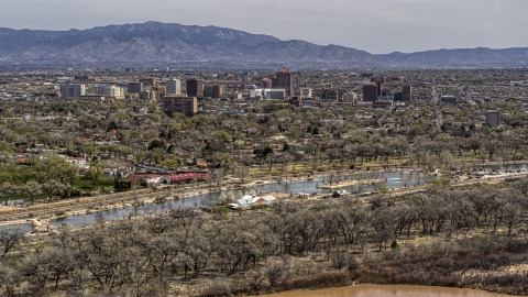 A view of high-rise office buildings seen from city park, Downtown Albuquerque, New Mexico Aerial Stock Photos | DXP002_124_0004