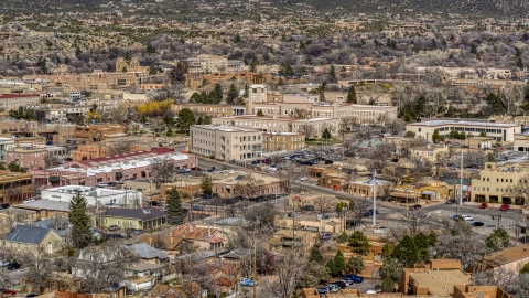 DXP002_129_0017 - Aerial stock photo of A view of state government buildings in the city's downtown area, Santa Fe, New Mexico