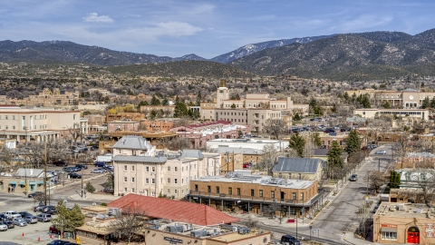 DXP002_130_0001 - Aerial stock photo of The Bataan Memorial Building near capitol building and shops, Santa Fe, New Mexico