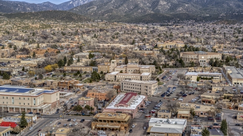 DXP002_130_0006 - Aerial stock photo of The Bataan Memorial Building near New Mexico State Capitol building, Santa Fe, New Mexico