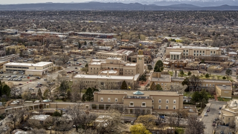 The Bataan Memorial Building in downtown, Santa Fe, New Mexico Aerial Stock Photos | DXP002_130_0014