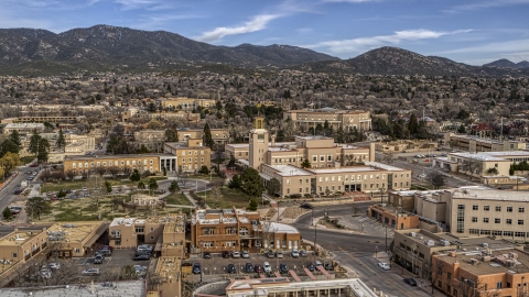 DXP002_131_0003 - Aerial stock photo of The Bataan Memorial Building and the state capitol in Santa Fe, New Mexico