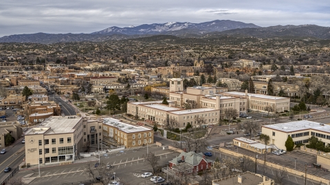 DXP002_131_0004 - Aerial stock photo of The Bataan Memorial Building and the downtown area of the city, Santa Fe, New Mexico