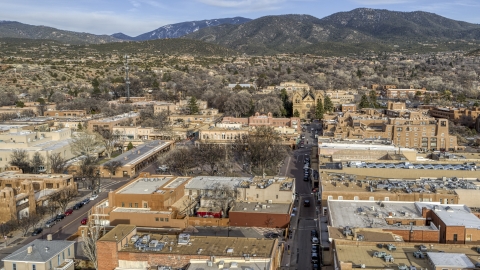 A view of Santa Fe Plaza and cathedral in downtown, Santa Fe, New Mexico Aerial Stock Photos | DXP002_131_0011