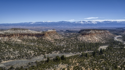 DXP002_133_0012 - Aerial stock photo of Flat desert mesas and mountains in the background in New Mexico