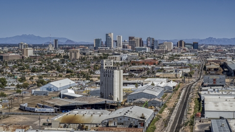 DXP002_136_0008 - Aerial stock photo of A wide view of the city's skyline, seen from grain elevator, Downtown Phoenix, Arizona